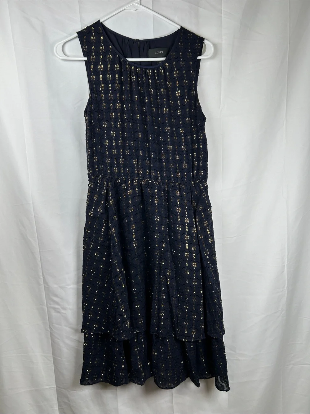 J Crew Silk Blend Textured Dress Size 2 Navy Blue Gold Chiffon Tiered Sleeveless